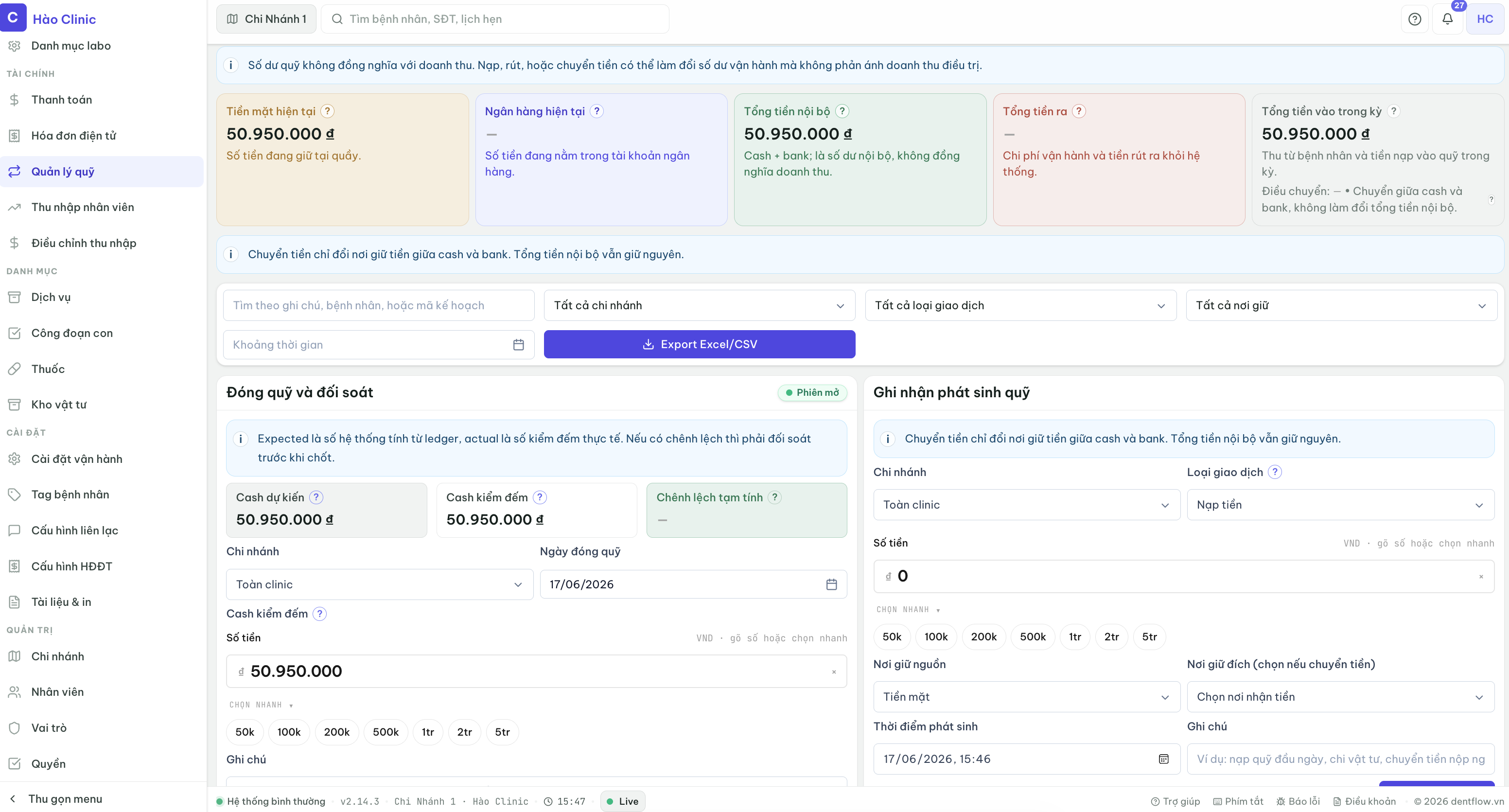 Form đóng ca: expected (read-only), counted (input), difference, confirm button