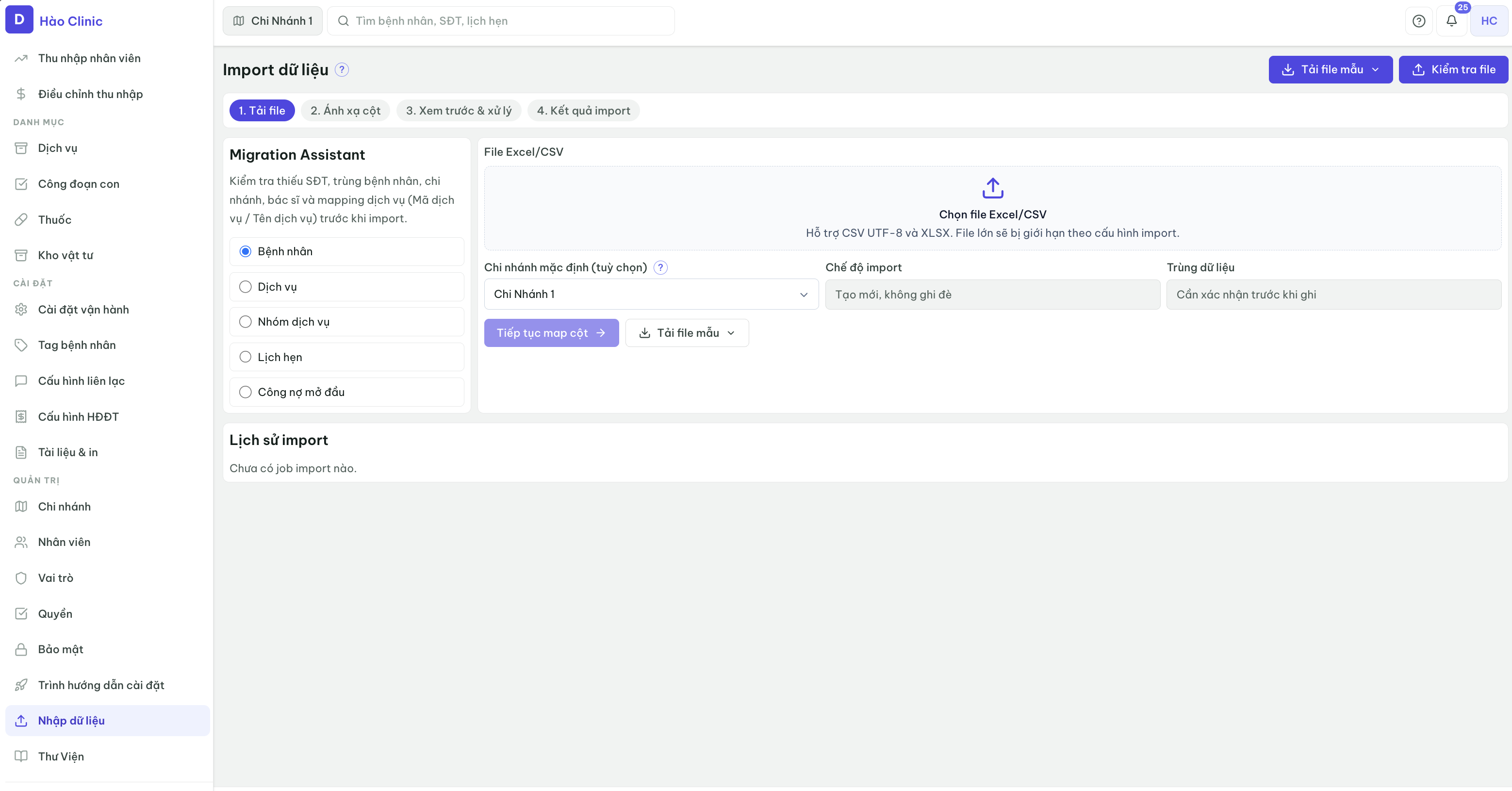 Giao diện Import: tải file Excel, xem preview, xử lý trùng, hoàn tất