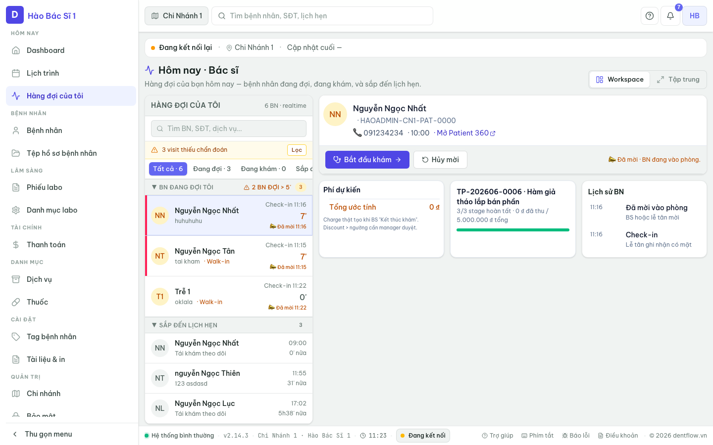 Doctor Workspace: queue BN, patient summary, tooth chart, treatment panel