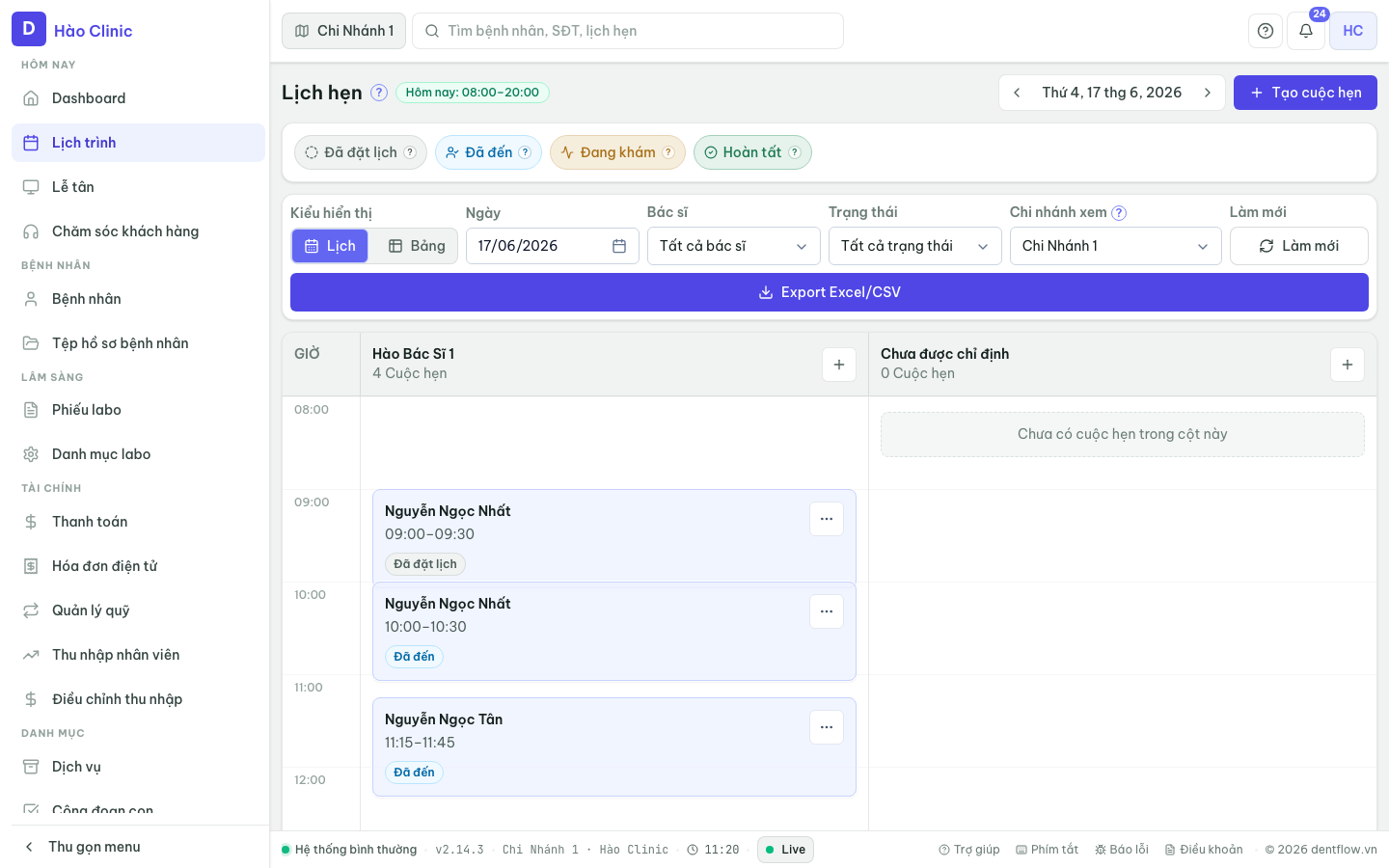Giao diện Scheduler: calendar view, lane theo trạng thái, quick check-in