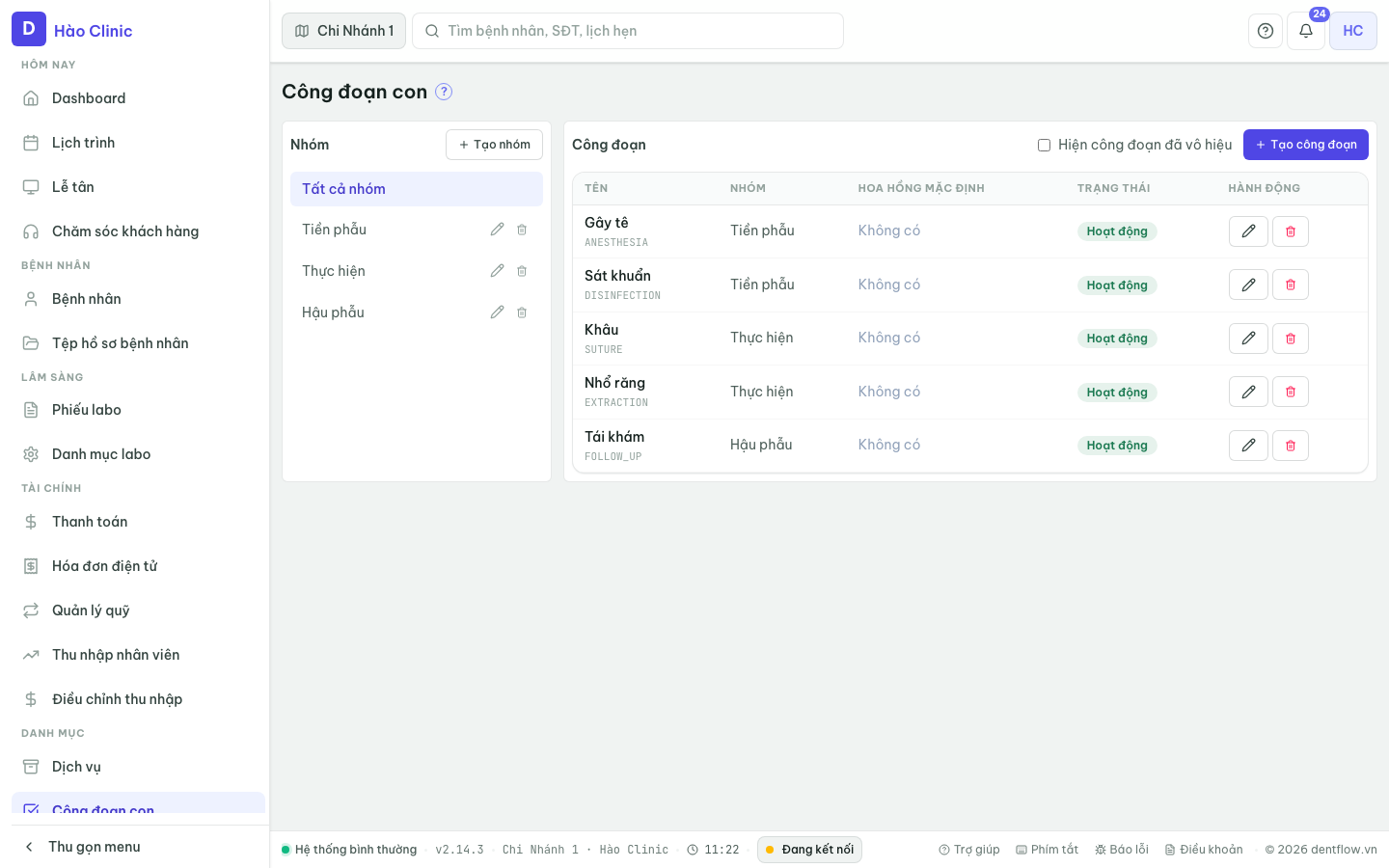 Settings Sub-steps page: left panel = groups (Tiền phẫu, Thực hiện, Hậu phẫu), right panel = sub-steps table with actions (create, edit, delete)