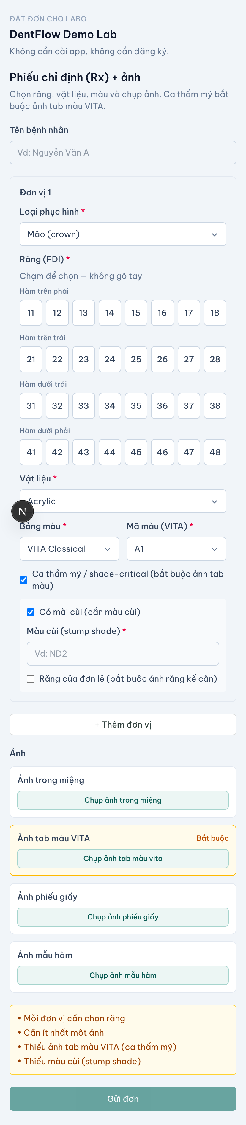 Phiếu đặt đơn không cài: chọn răng FDI, vật liệu, shade, hạn giao và đính ảnh + Rx