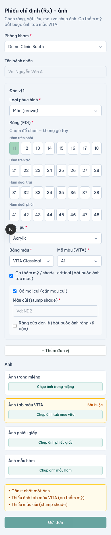 Nút gửi bị khoá vì ca shade-critical còn thiếu ảnh tab VITA
