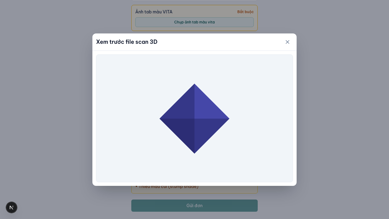 Scan viewer hiển thị mesh 3D của file scan đã tải lên, sẵn sàng cho sản xuất